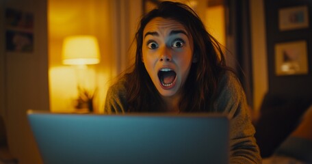 A girl at the computer with a shocked expression because she won a prize.