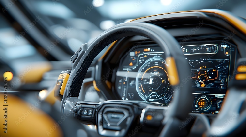 Poster interior view of a high tech vehicle dashboard with advanced controls and displays