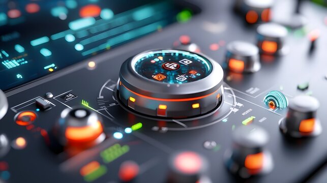 Futuristic audio control console with illuminated knobs and buttons