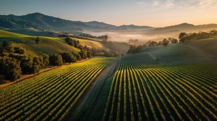 Sunrise over a vineyard landscape with rolling hills.