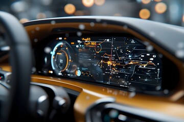 A futuristic vehicle dashboard with advanced navigation and display technology