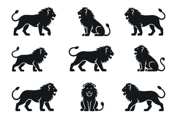 Collection Of Lion Silhouettes In Different Poses Majestic Feline Mammals Depicted In Regal Vector Illustration