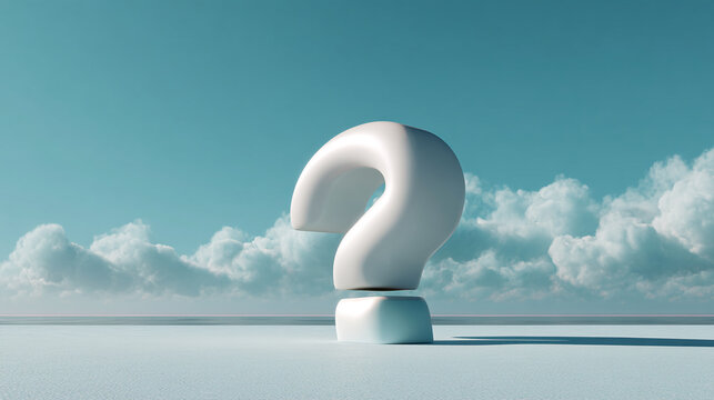 White question mark on light blue surface, under a cloudy sky, symbolizing uncertainty, inquiry, or a need for answers, suitable for conceptual designs
