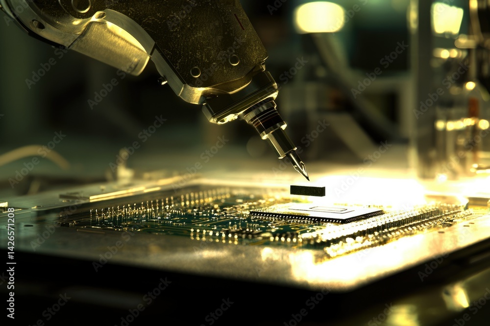 Poster automated robotic arm precisely placing a microchip onto a circuit board during manufacturing.