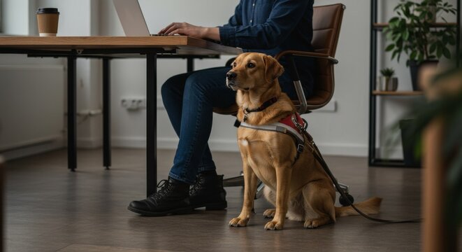 A guide dog sitting calmly next to a person working on a laptop in a modern office or coworking space. Friendly workplace atmosphere, inclusive and accessible environment. Great for HR materials, 