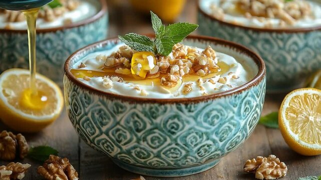 Yogurt parfait topped with walnuts, honey, and mint.