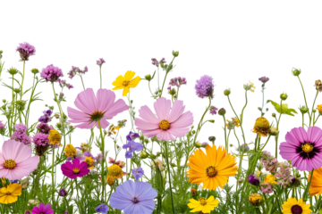 A scattering of colorful summer flower framing isolated on white background