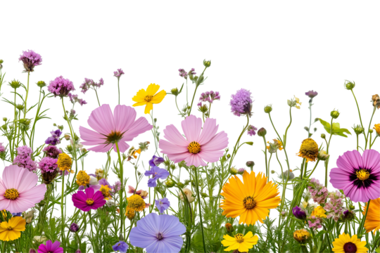 A scattering of colorful summer flower framing isolated on white background
