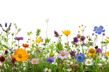 A scattering of colorful summer flower framing isolated on white background