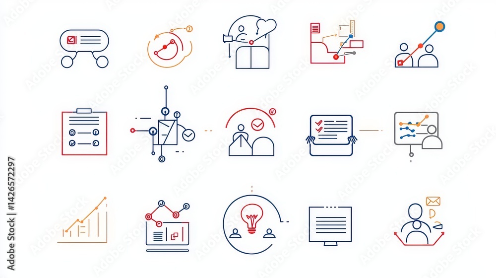 Poster a collection of icons representing various aspects of data analytics business strategy and planning 