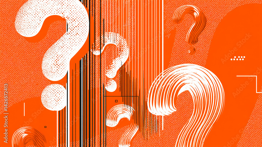 Poster Abstract orange background with stylized white question marks, creating a dynamic and inquisitive design suitable for various concepts like brainstorming or problem-solving