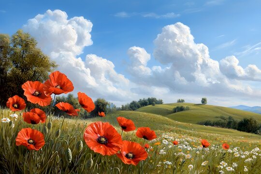 Blooming poppy field in a scenic countryside landscape