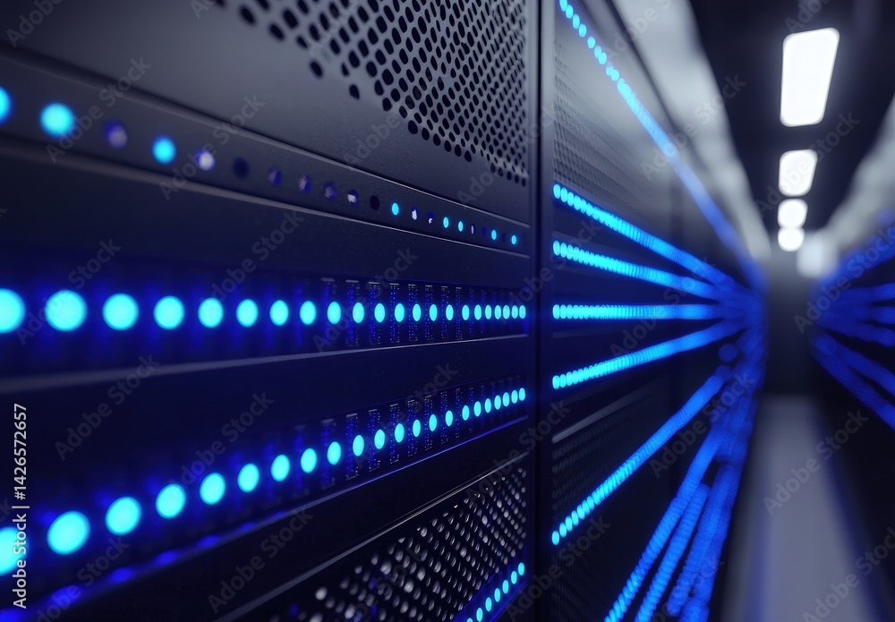 Poster close-up of glowing blue server lights in a data center corridor, highlighting precision and perform