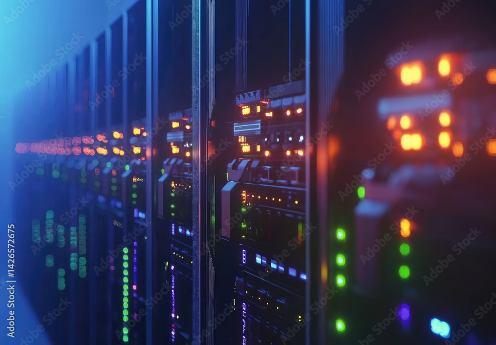 Aufkleber Detailed view of illuminated computer servers in a dark data center with glowing status lights. Ideal for illustrating cloud storage, networking, or tech infrastructure themes