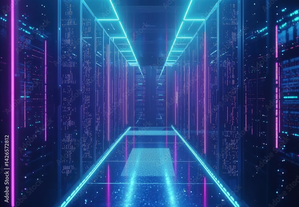 Poster futuristic data center corridor with glowing blue and magenta led lights, reflecting off a glossy fl