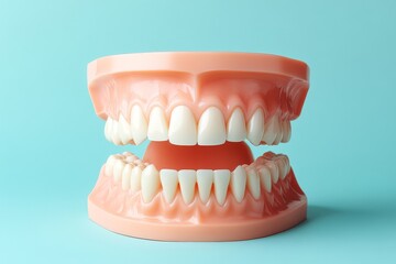 Obraz premium A close-up macro photograph features a teeth model alongside a toothbrush set against a light-colored background, symbolizing oral care