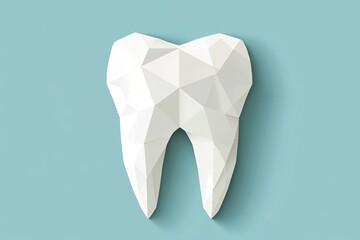 A blue and white tooth with a low polygon count is depicted in a 3D illustration, symbolizing dentistry services and teeth protection through mesh concepts
