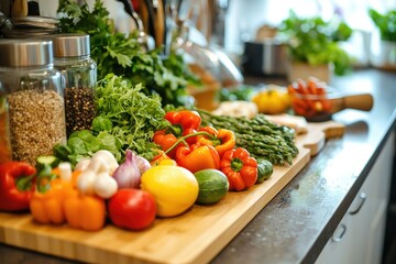 A colorful array of fresh vegetables and herbs, ready for cooking, displayed on a wooden board in a kitchen.