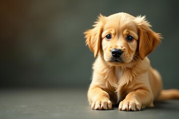 Golden Retriever puppy looking at camera, ears perked, pet portrait, animal, eyes