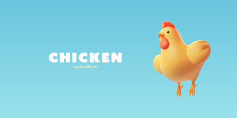 Flying chicken on a blue sky background, 3D. For farming, poultry, and ranch concepts. Domestic bird. Vector illustration.