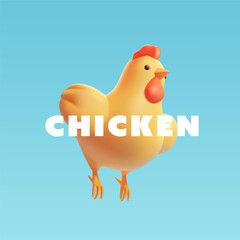 3D chicken spreads its wings in the air on a blue background. Vector illustration.