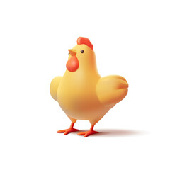 Cute yellow chicken character with spread wings, 3D. Pile on a white background for design concepts of advertising and packaging. Vector illustration.