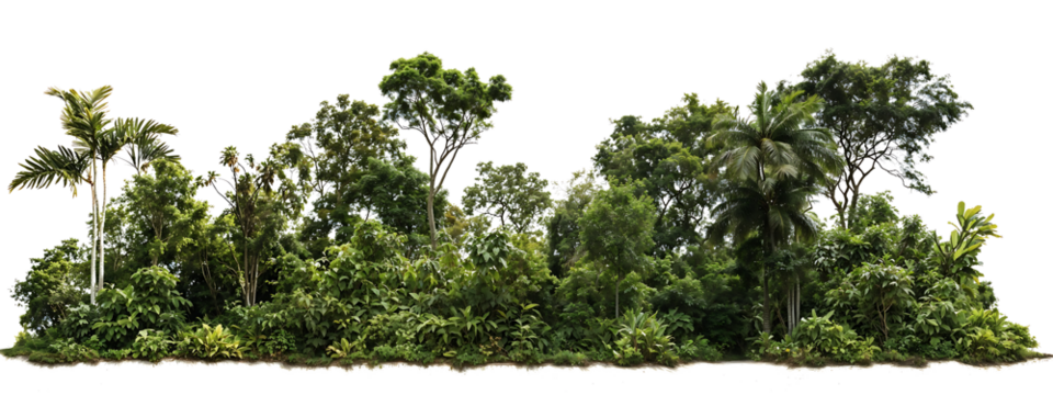 Horizontal arrangement of trees forming a natural border or tree line with visible trunks and varied canopy heights against transparent background, resembling a forest edge view