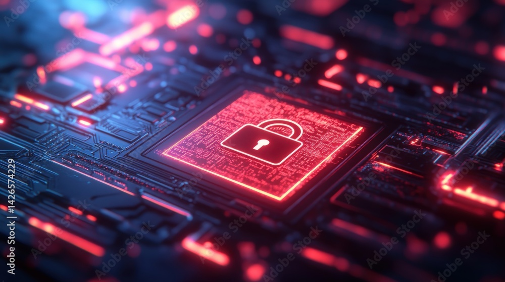 Poster secure digital circuit board with glowing lock icon