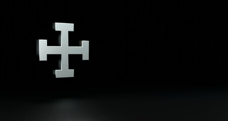 Silver shiny cross. Principal symbol of the Christian religion. Faith, religious freedom, believer, church. 3D illustration