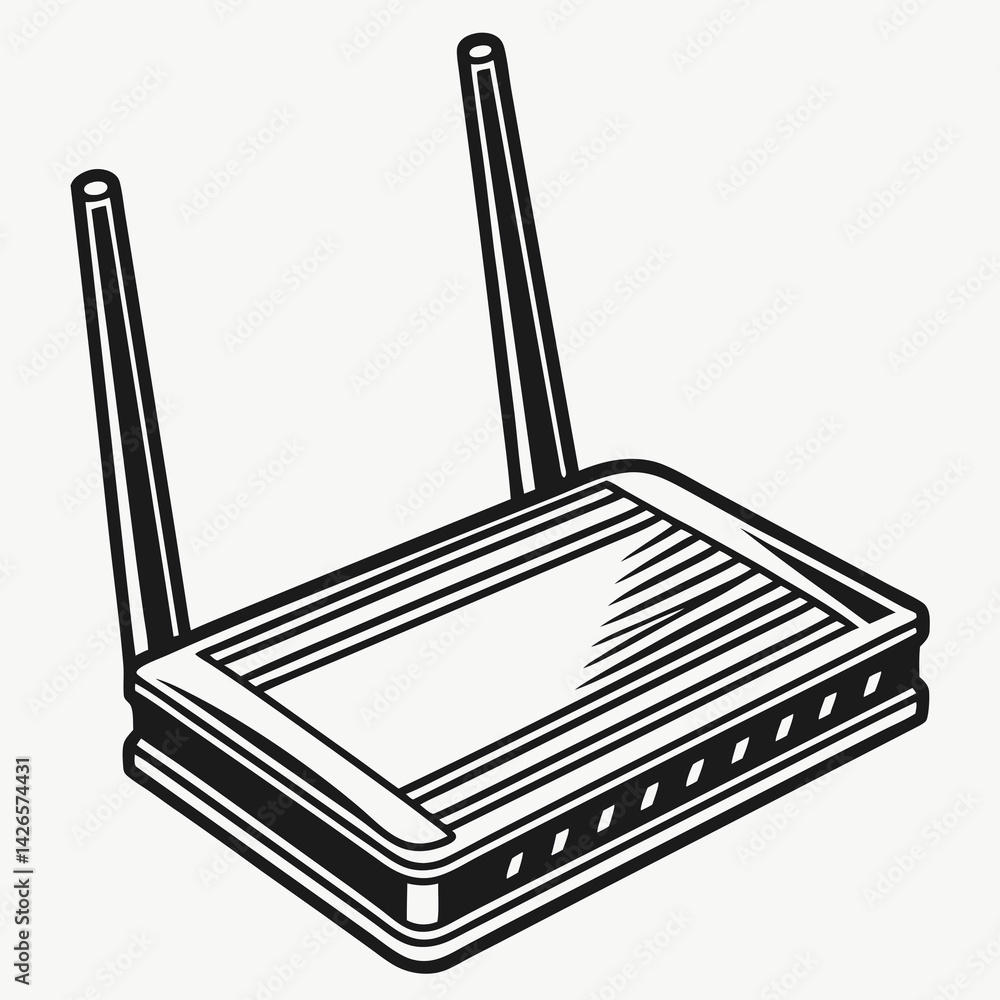 Poster close up black and white vector silhouette of a wireless router showcasing its antennas and design f