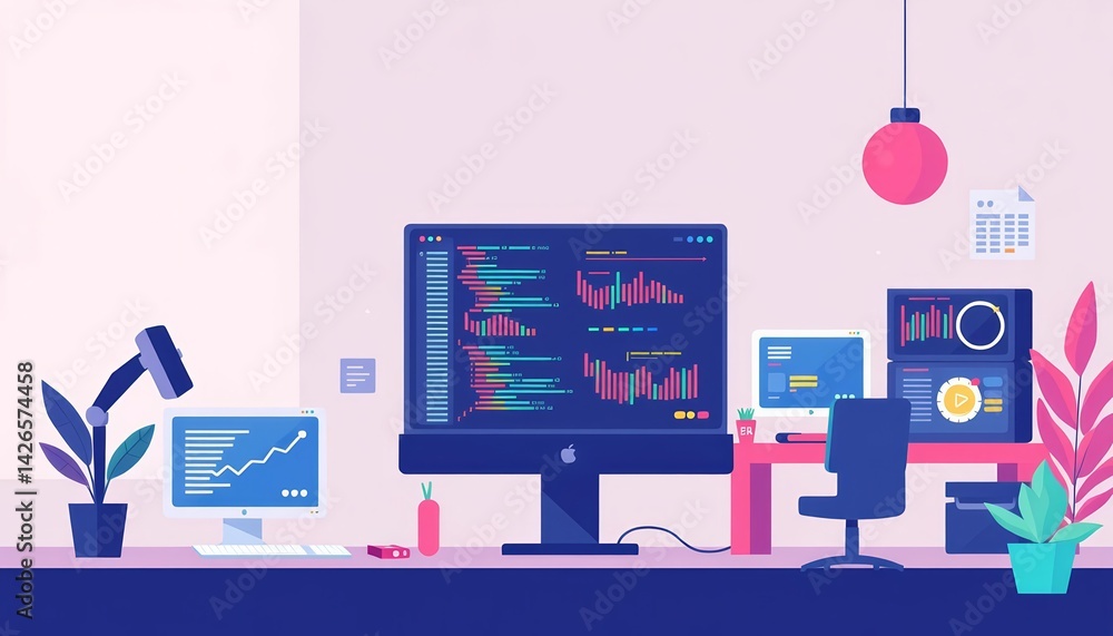 Wall mural flat design illustrations of web development, ui/ux design, and programming software scenes , deskto