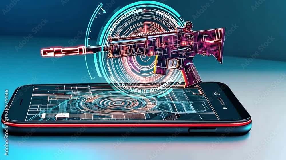 Poster conceptual smartphone displaying hologram of miniature weapon design in colorful 4k detail