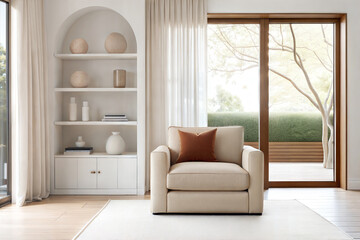 Fototapeta premium Minimalist living room with neutral tones, modern furniture, and large windows