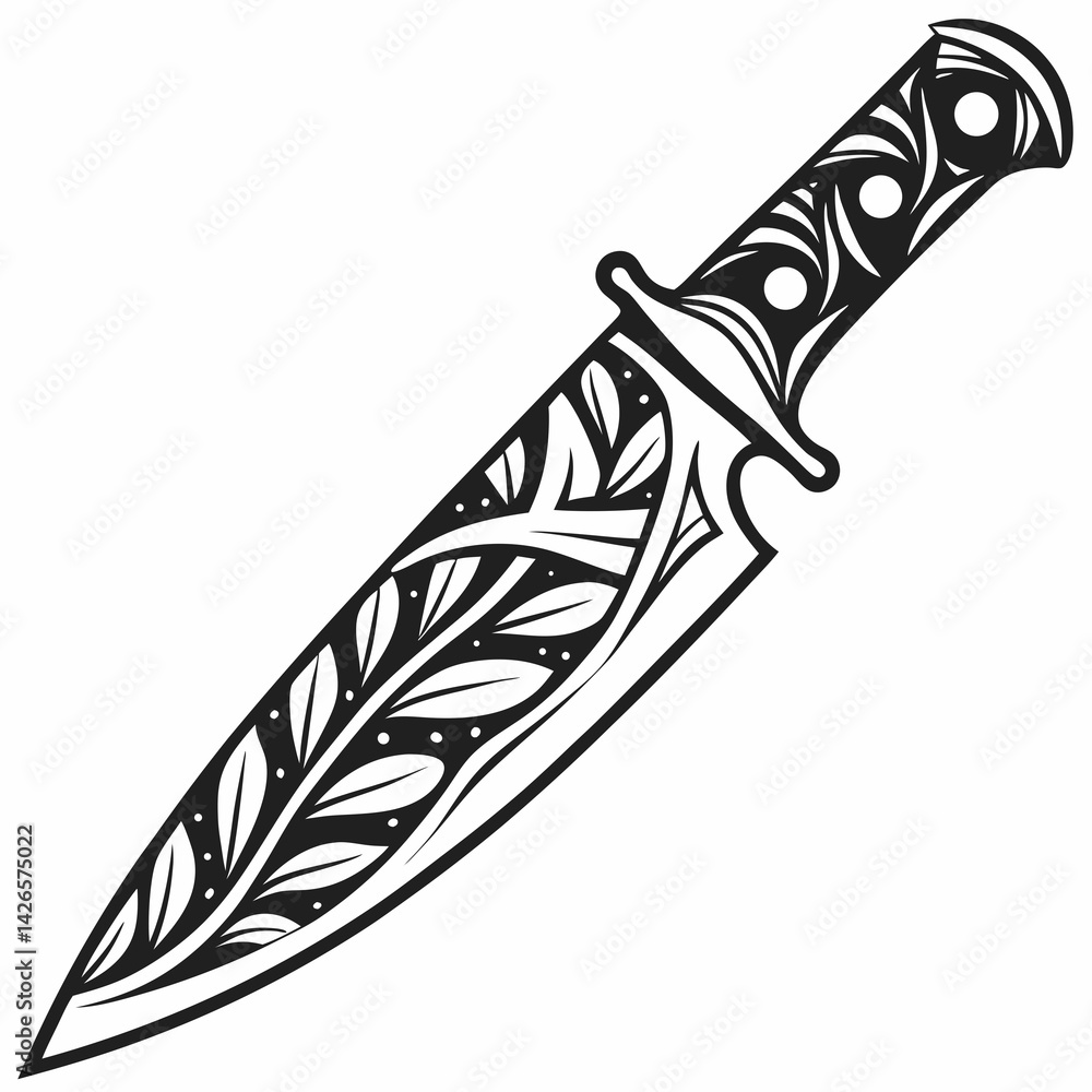Poster intricate black and white vector logo silhouette of a decorative knife with handle designs and leaf 