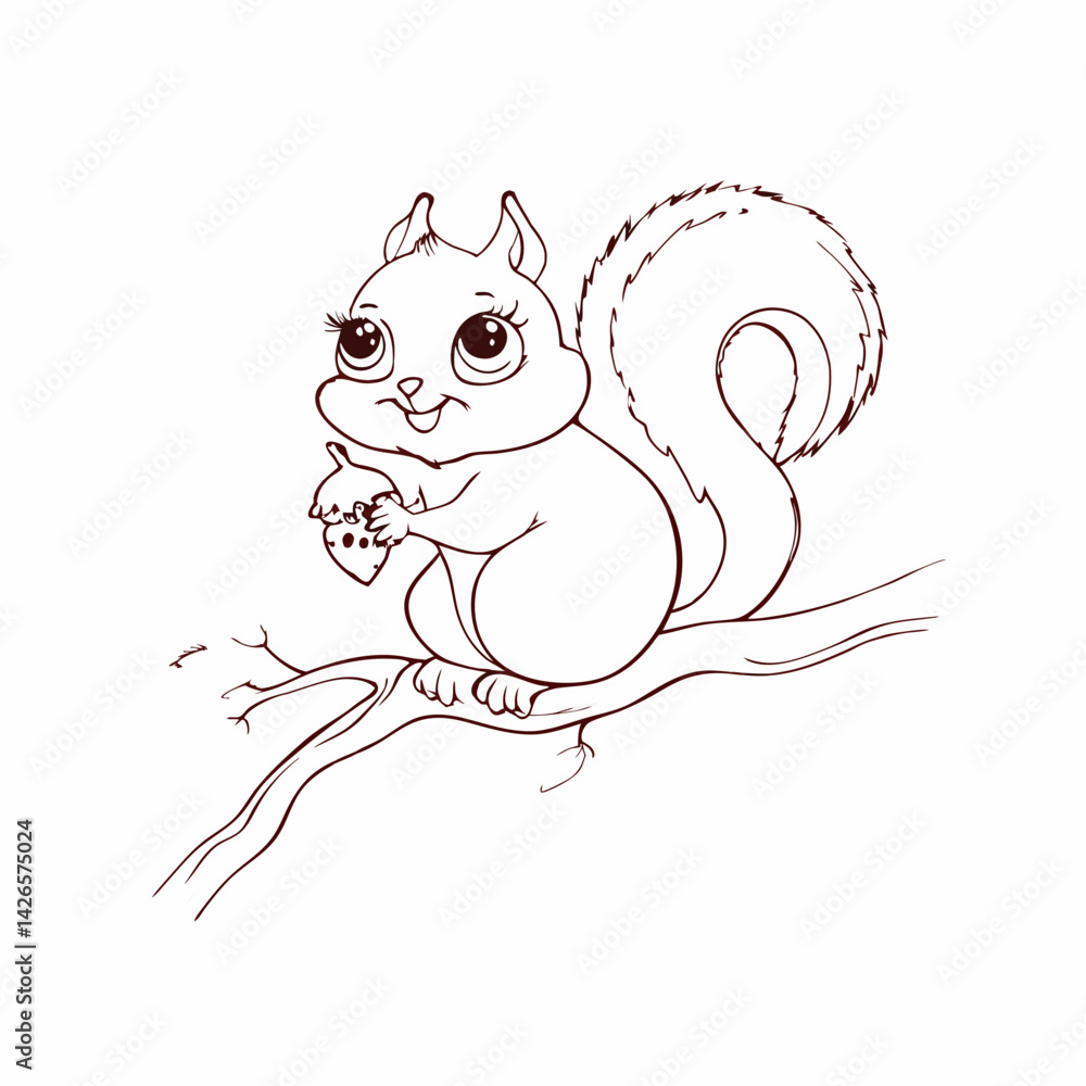 Poster cute watercolor squirrel enjoying an acorn while perched on a branch surrounded by a peaceful forest