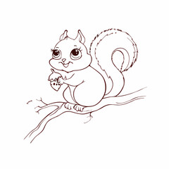 Cute Watercolor Squirrel Enjoying an Acorn While Perched on a Branch Surrounded by a Peaceful Forest Setting Generative AI
