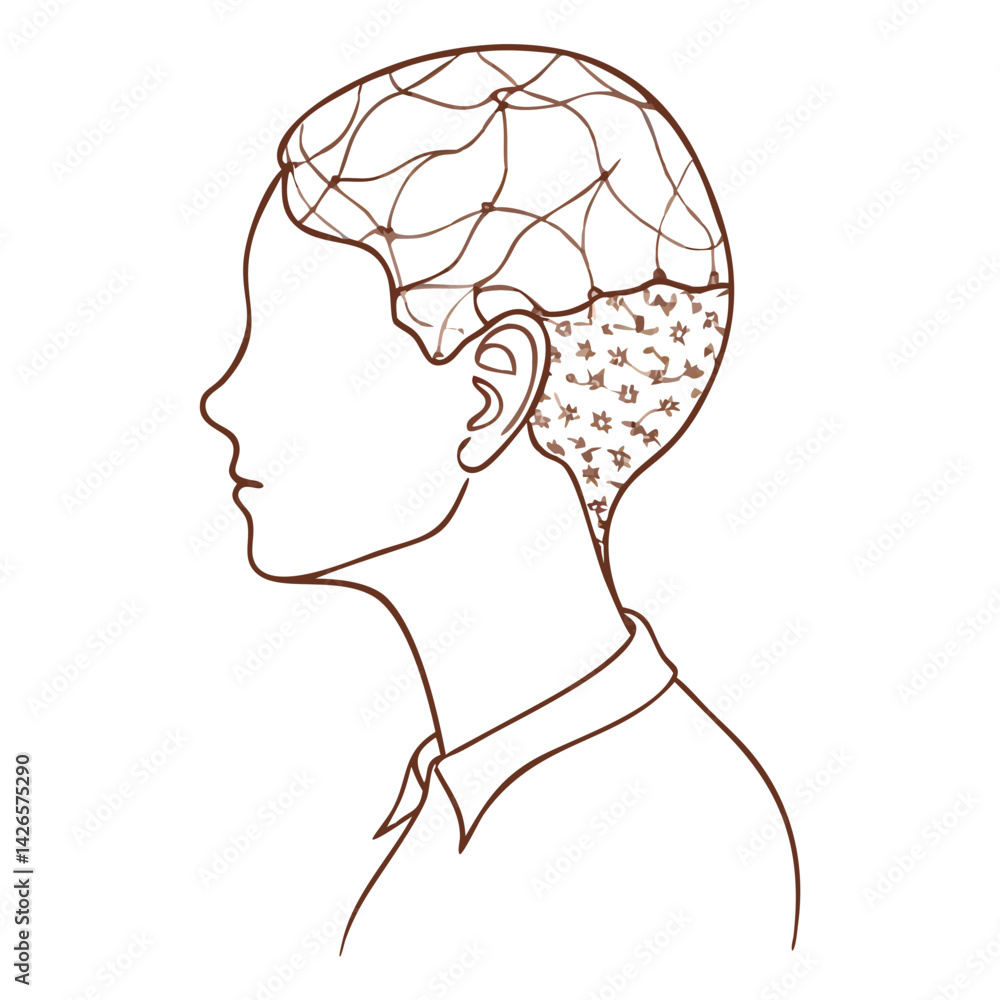 Poster creative silhouette design illustrating a person's head with abstract patterns symbolizing thoughts 