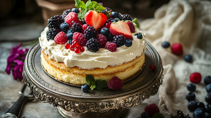 Delicious mixed berry cake with whipped cream and mint garnish
