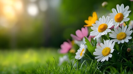 Vibrant daisies blooming in the spring meadow