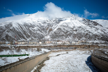 Gerkhozhan-Su River, powerful protective walls to prevent destruction during mudflows from the...