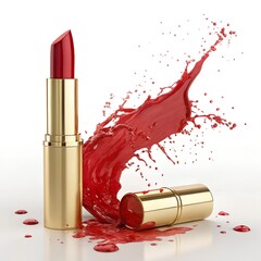 Red lipstick on a white background with a shiny tube and glossy finish
