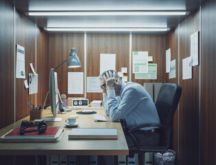 Depressed office worker sitting at his desk