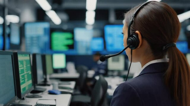 female emergency operator with headset in control room surrounded by digital monitors, handling real-time calls and communication for public safety and crisis response