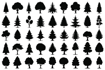 Even More Ultimate Tree collection, 100 detailed, different tree vectors. Evergreen forest firs and spruces black shapes, wild nature trees templates. Vector illustration woodland trees set.