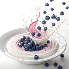 Blueberry yogurt dessert with fresh berries on a white plate