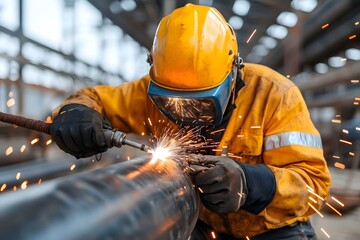 Industrial worker welding pipes in factory