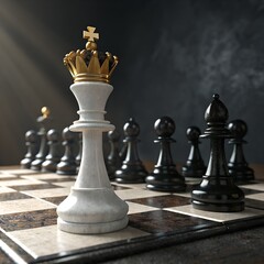 A strategic chess battle with various pieces on a wooden chessboard symbolizing competition, leadership, and success