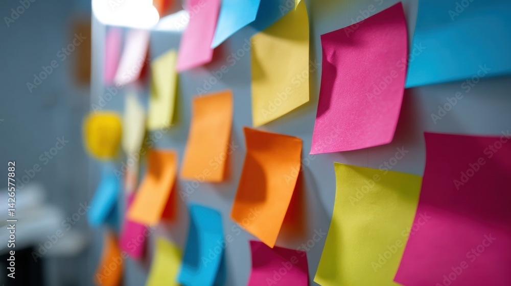 Poster successful project management. colorful sticky notes arranged on a wall, creating a vibrant and orga