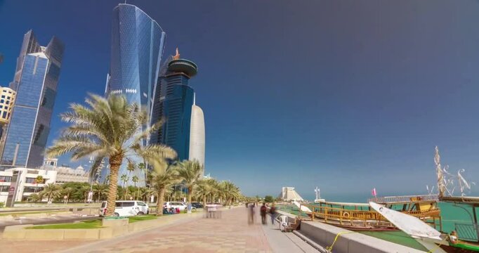Timelapse of Doha Corniche in Doha, Qatar featuring skyline and waterfront. Perfect for travel blogs, cityscape articles, and tourism brochures.