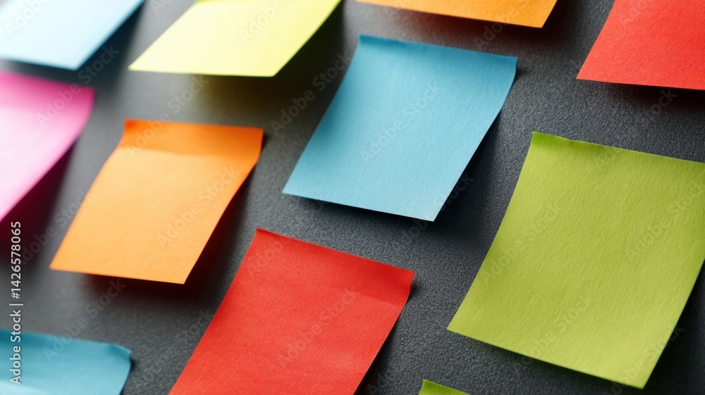 Poster successful project management. colorful sticky notes arranged on a black surface, ideal for organiza